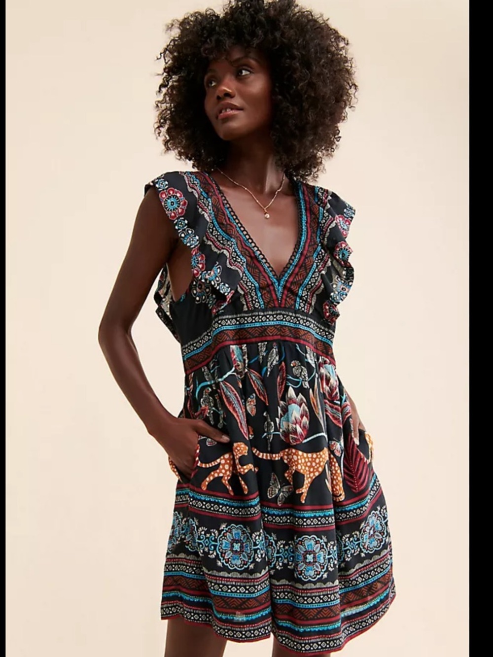 Anthropologie V-Neck Plunge Tunic Mini Dress Black Motif Animal Print